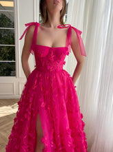 Fuchsia Elegant A-line 3D Flower Lace Prom Dress With Slit